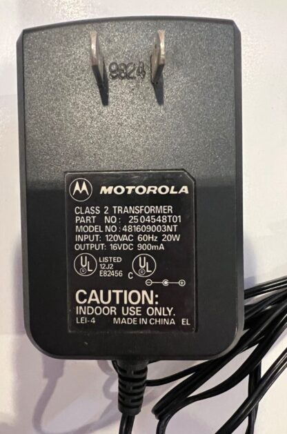 Motorola 2504548T01 481609OO3NT Class 2 Adapter 120VAC 60Hz 20W 16VDC 900mA - Image 2