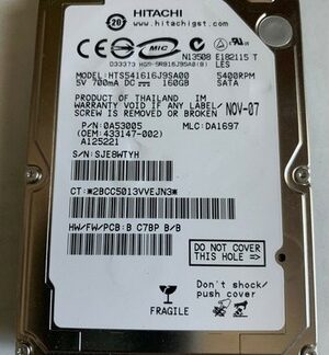 Hitachi HTS541616J9SA00 160GB Internal 5400RPM 2.5" PC / Laptop / Notebook / DR