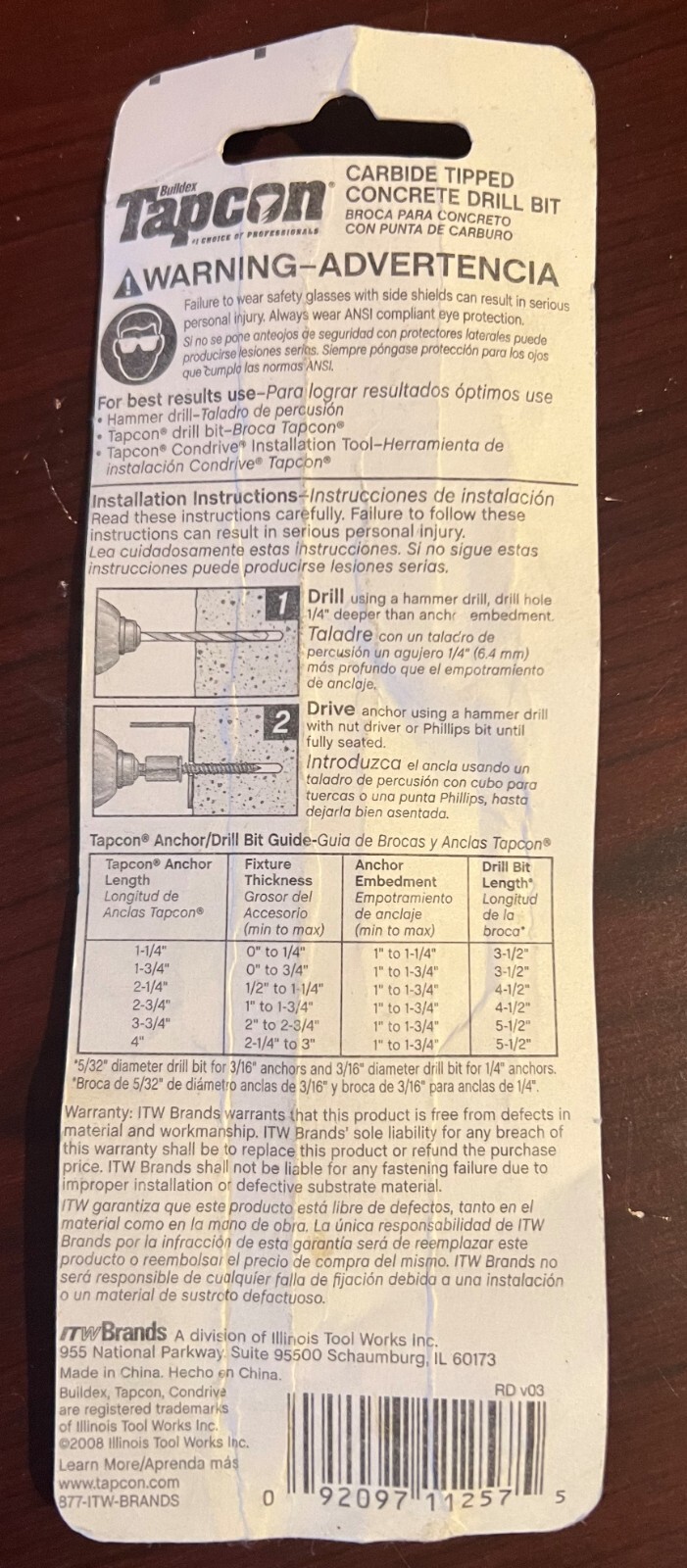 NEW Buildex Tapcon 11257 Drill Bit 3/16"x3-1/2" For Use With 1/4" Tapcon Anchors - Image 2