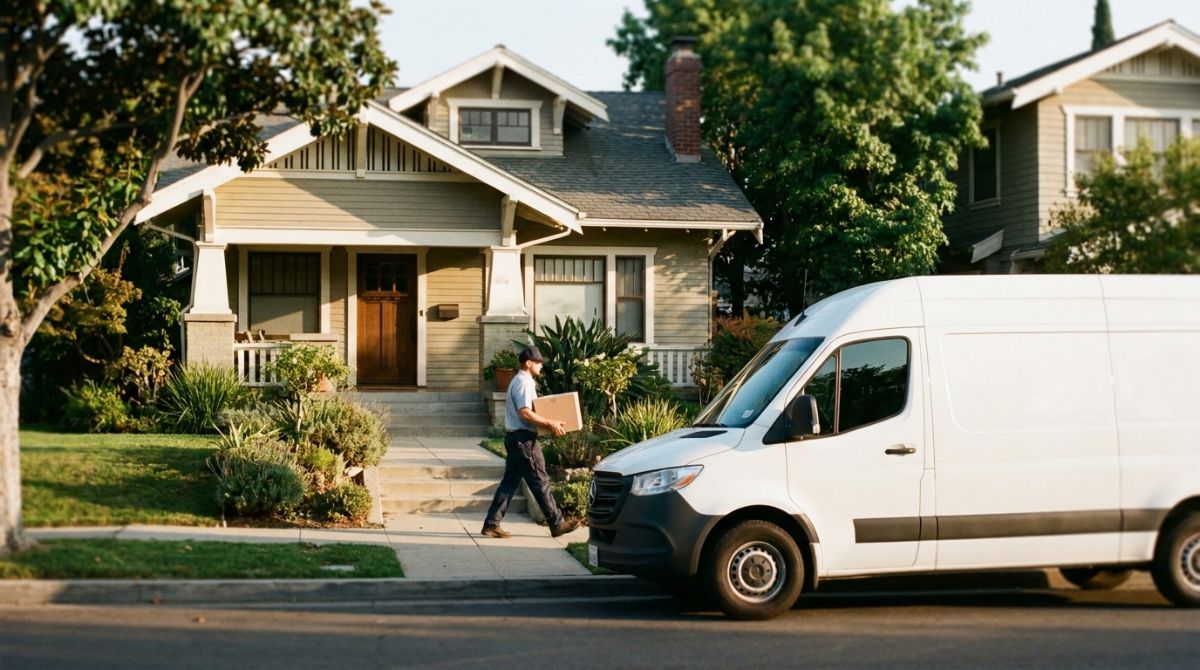 Delivery driver carrying a package up to a residential doorstep