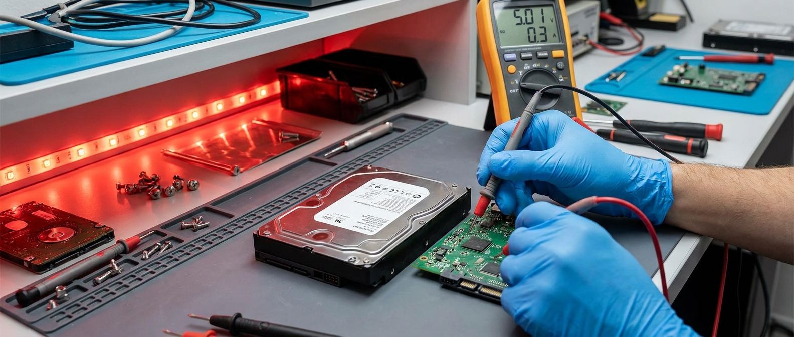 Technician testing a used hard drive and circuit board on a workbench