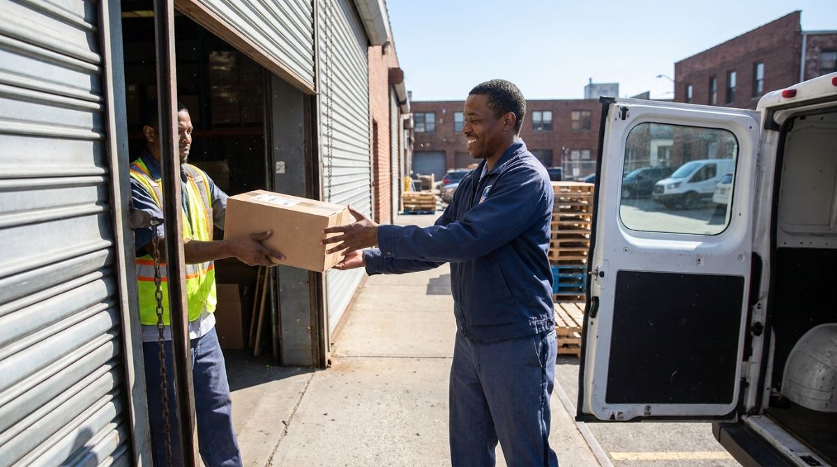 Mail carrier picking up a sealed shipping box at the warehouse loading dock