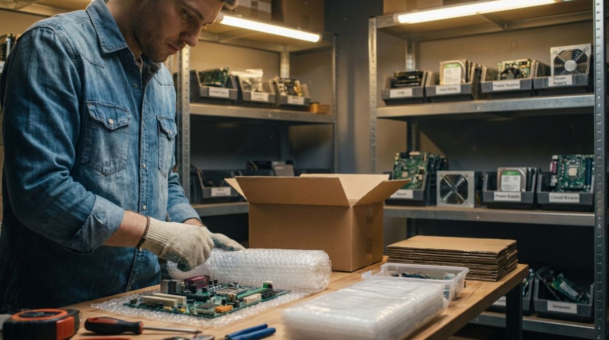 Warehouse worker carefully packing a tested computer part into a shipping box
